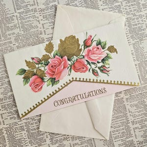 Tarjeta de felicitación vintage con flores rosas y sobre, tarjeta de felicitación vintage en blanco SIN USAR, tarjeta floral vintage efímera, tarjeta retro