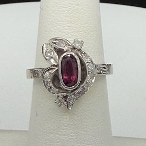 Vintage Natural Thai Ruby & Diamond Palladium Ring - Size 5