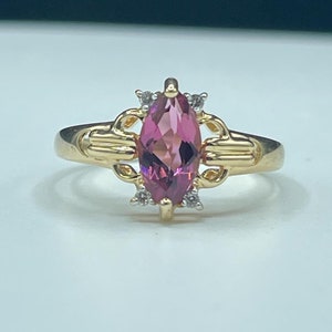 Natural Pink Tourmaline Marquise & Diamond 14k Yellow Gold Ring (Size 7.25)