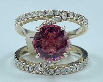 Natural Rubellite Tourmaline & Diamond 14k White Gold Designer Engagement Ring (Size 5.5)