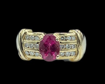 Natural Rubellite Tourmaline & Diamond 14k Yellow Gold Ring (Size 8.5)