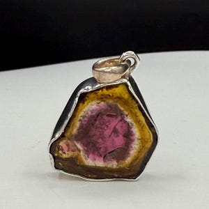 Natural Watermelon Tourmaline Slice Sterling Silver Pendant