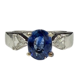 Natural Blue Sapphire & Diamond 14k White Gold Ring (Size 7)