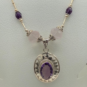 Handmade Natural Amethyst & Rose Quartz Sterling Silver Adjustable Necklace