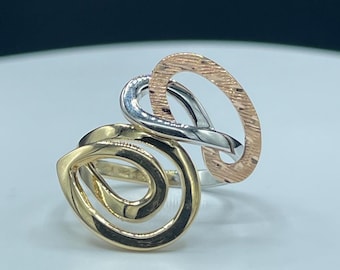 Anillo de diseño en oro rosa, blanco y amarillo tricolor de 14 k, talla 9,5