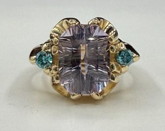 GIA Certified 5.75 Ct Natural Unheated Sri Lanka Pink Sapphire Master Concave Cut & Blue Diamond Statement Ring in 14K Gold | Size 6.25