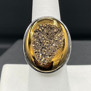 Gold Druzy Quartz Sterling Silver Ring (Size 7.25)