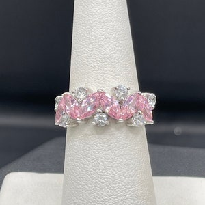 CZ Pink & White Sterling Silver Wedding Band Ring (Size 7)