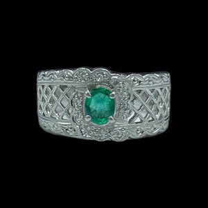 Natural Colombian Emerald & Diamond Platinum Ring (Size 6)