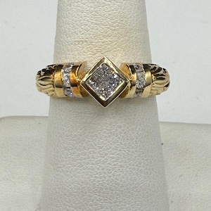 Vintage 18k Yellow Gold Diamond Ring with Princess & Round Cut Diamonds, Size 7.5, 0.55 Carats