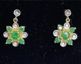 Natural Emerald & Diamond 14k Yellow Gold Dangle Earrings