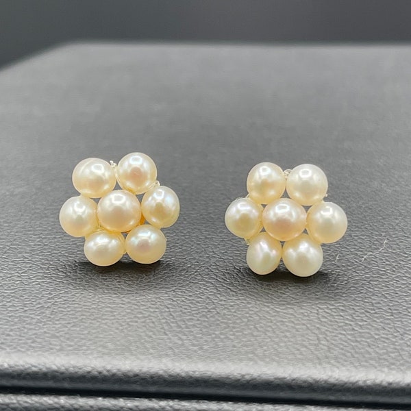 Natural Freshwater Pearl Cluster 14k Yellow Gold Earrings