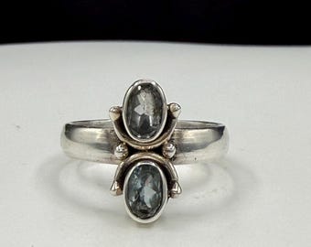 Vintage Natural Blue Topaz 2-Stone Sterling Silver Bypass Statement Ring | Size 7.25