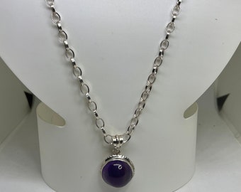 Amethyst Cabochon Sterling Silver Pendant & Chain Necklace