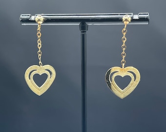 Handmade Solid 14k Yellow Gold Heart Dangle Earrings - 1.44 Inches - Stamped 14k
