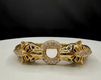 2.10 CT Natural Diamond 18K Yellow Gold Enamel Double Tiger Bangle Bracelet (60.60 Grams | 6.25")