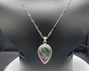 Handmade Natural Ruby Zoisite Sterling Silver Pendant Necklace | 18” Chain | Stamped 925