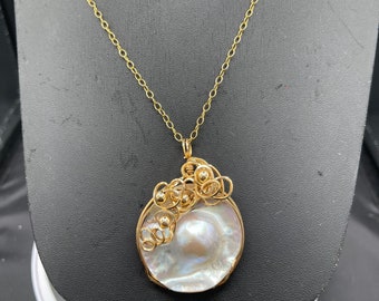 Natural Blister Pearl Handmade Wire Wrapped 14k GF Necklace