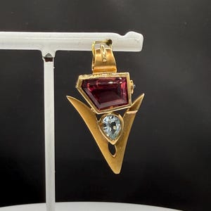 Natural Rubellite Tourmaline & Aquamarine 18K Yellow Gold Shark Tooth Pendant