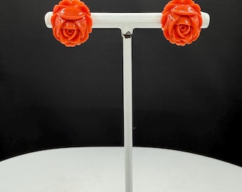 Vintage Natural Italian Red Coral Hand Carved Rose Earrings | 14k Yellow Gold | 17 MM