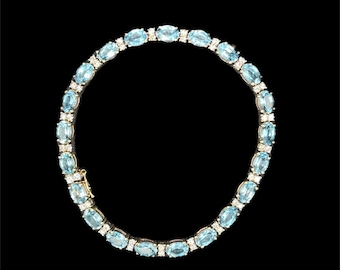 Vintage 13.92 Carat Blue Topaz & Diamond 14k Yellow Gold Tennis Bracelet