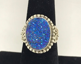 Peacock Druzy Quartz Sterling Silver Ring
