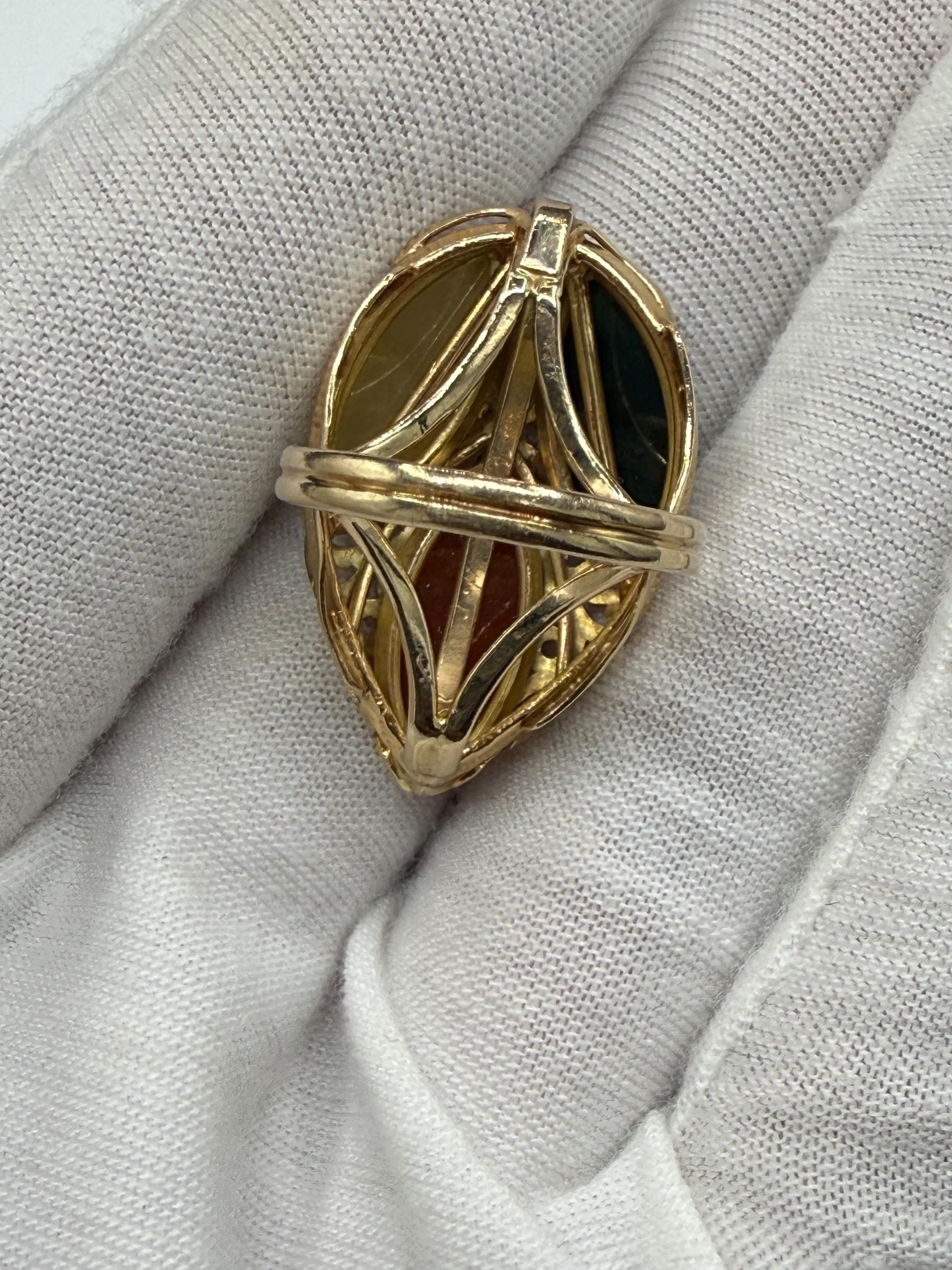 Vintage 14K Gold Natural Tri-color Jade Cocktail Ring 3 Stone