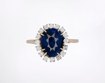 GIA Certified 3.40 Ct Natural Unheated Royal Sri Lankan Blue Sapphire & Diamond Halo Engagement Ring | 0.40 Ct Diamonds | Size 6.25