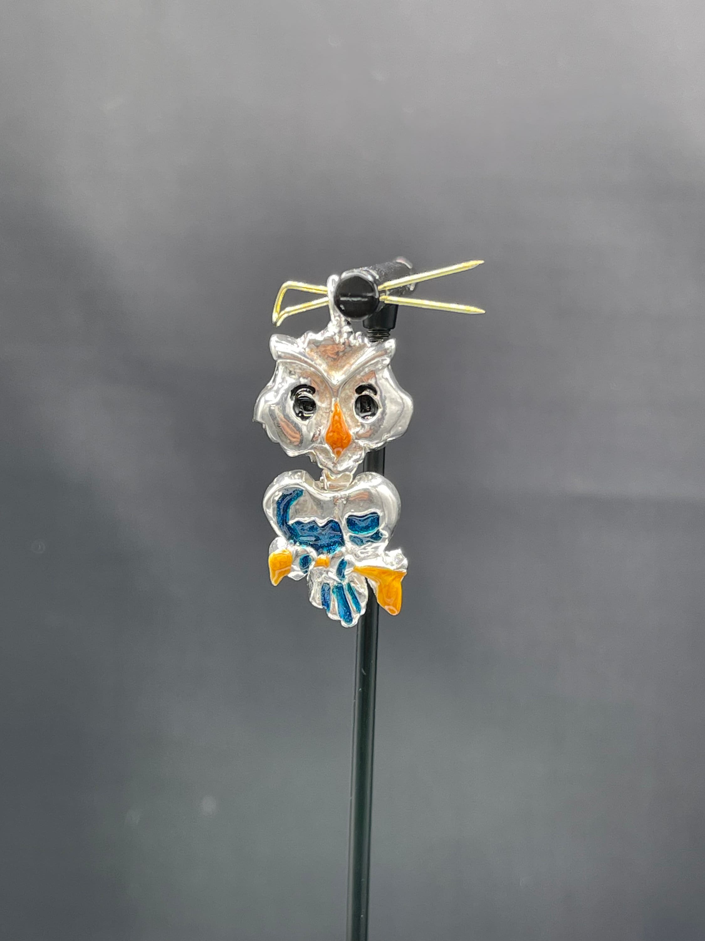 Hand Enameled Italian Sterling Silver Owl Pendant