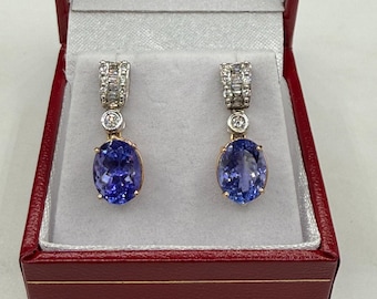 Vintage Natural Tanzanite & Diamond 14k Yellow + White Gold Dangle Earrings | 6.11 Ct Tanzanite | 0.51 Diamonds