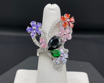Multi Color Cubic Zirconia Sterling Silver Glam Ring (Size 7.5)