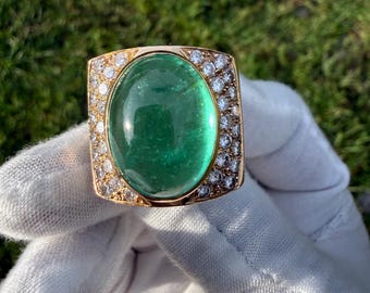 Massive 24.73 Ct Natural Colombian Emerald Cabochon & 2.32 CTW Diamond 18k Yellow Gold Statement Ring | Size 10