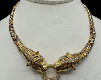 1.85 CT Natural Diamond 18K Yellow Gold Enamel Double Tiger Necklace (94.90 Grams) | 17 Inches