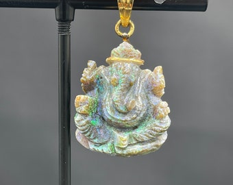 16.95 Carat Natural Black Opal Hand Carved Ganesh 24k Gold Pendant