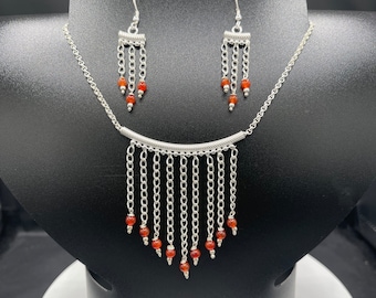 Handmade Natural Carnelian Sterling Silver Adjustable Necklace & Dangle Earring Set (15-25-16-25 inches)