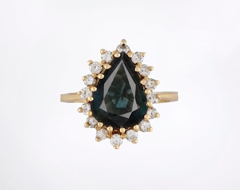 GIA Certified Natural Unheated Australian Blue Pear Sapphire & Diamond Halo Ring Size 6.25