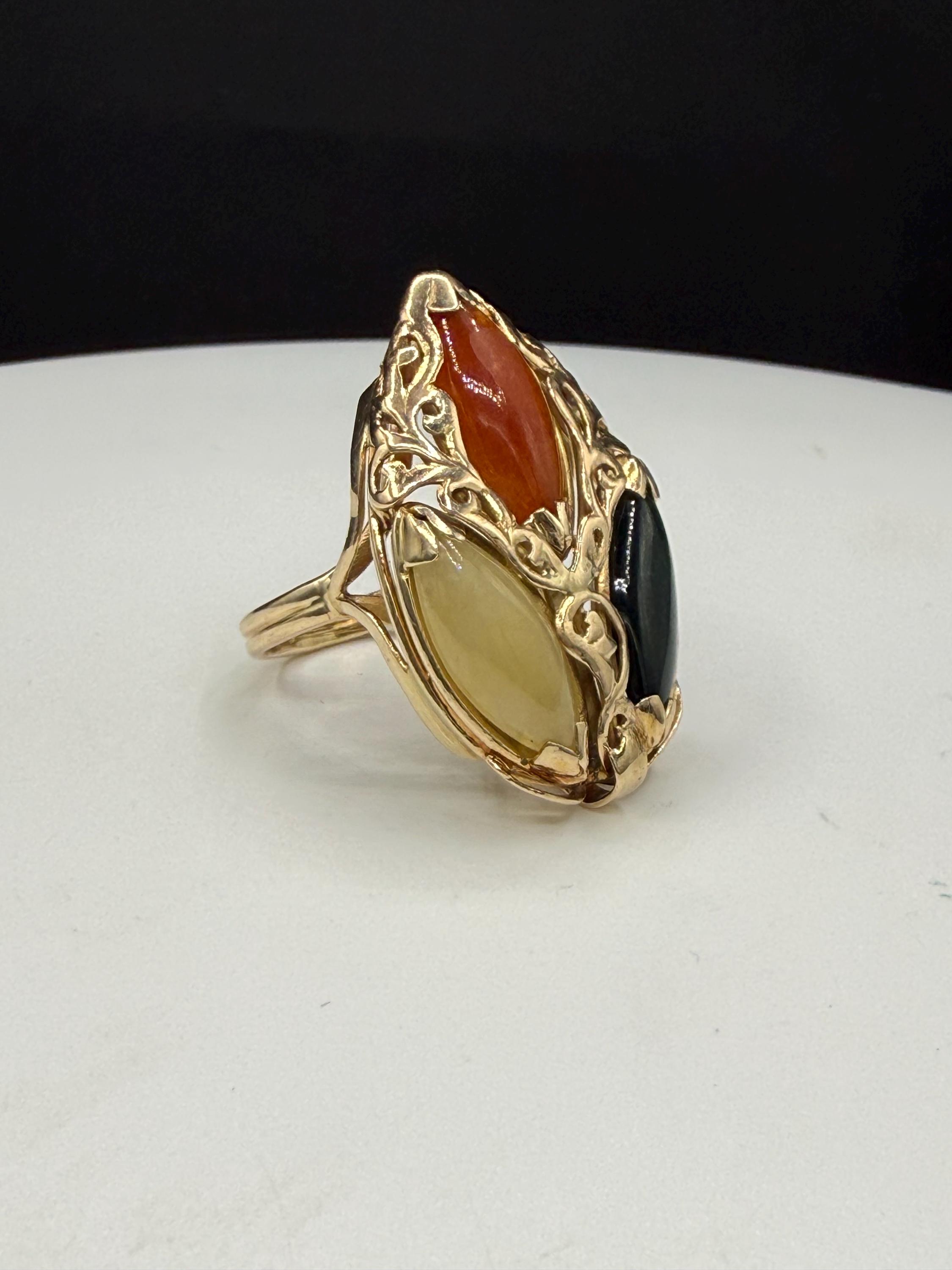 knavetokyo ジャメゴン　REALGOLDカラー Vintage 14K Gold Natural Tri-color Jade Cocktail Ring 3 Stone