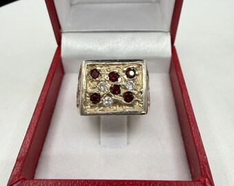 Vintage Men's 14K Yellow Gold Natural Garnet & Diamond Nugget Ring | 18.56 Grams | Size 9.25