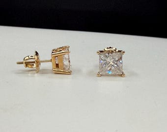 Vintage 2.50 CTW Natural Princess Cut Diamond 14k Yellow Gold Screwback Earrings