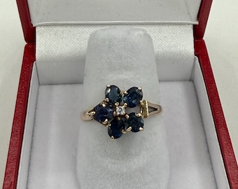 Vintage 14k Yellow Gold 1.00 Ct Natural Blue Sapphire & Diamond Flower Ring | Size 6.5