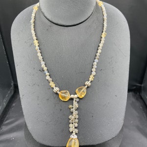 Natural Citrine & Moonstone Sterling Silver Beaded Bib Necklace