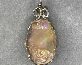 Rough Ethiopian Opal Sterling Silver Wire Wrapped Handmade Pendant