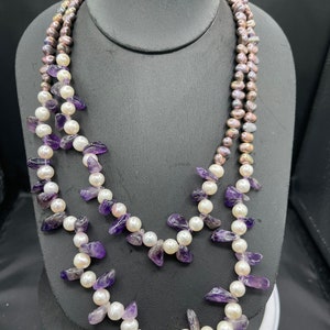 Natural Amethyst & Freshwater Pearl Double Strand Sterling Silver Beaded Necklace