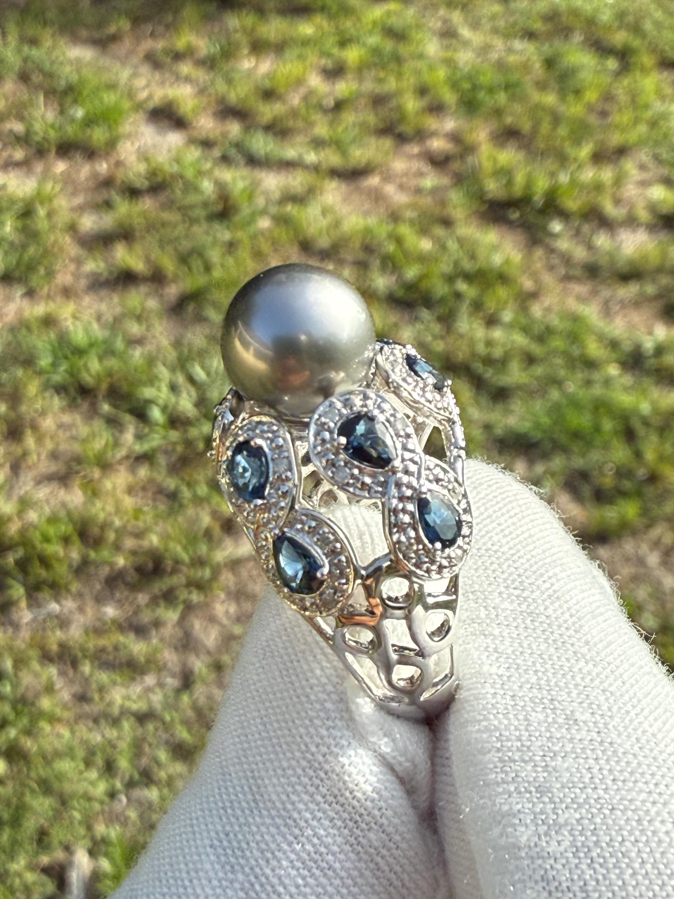 Vintage Tahitian Pearl & Blue Sapphire Ring 14K White Gold by Leer