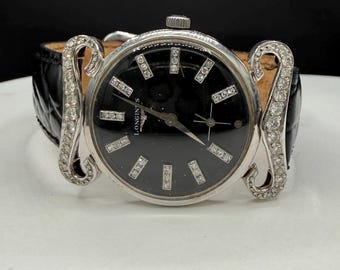 Vintage Longines 14k White Gold Diamond Dial & Mustache Lugs Tuxedo Watch 30mm