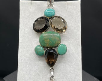 Natural Turquoise & Smokey Quartz Sterling Silver Dangle Pendant