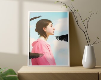Girl and Crow Art Print – Trendy Minimalist Wall Art (Digital Download)