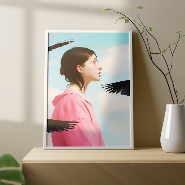 Girl and Crow Art Poster - Raven Prints, Minimal Art Prints, Trendy Wall Art, Black Wall Art, Lowkey Anime Digital Download Prints