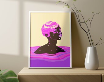 Black Girl Pink Water Art Print – Woman Portrait (Digital Download)