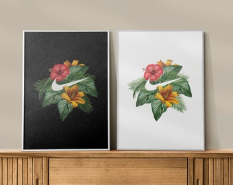 Black & White Tropical Floral Sneaker Poster, Minimalist Wall Art (Digital Download)